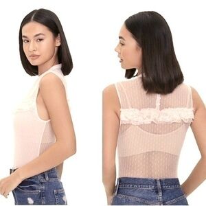 Forever 21 Bodysuit Small Dotted Mesh Ruffle Baby Pink Stretchy Button Back